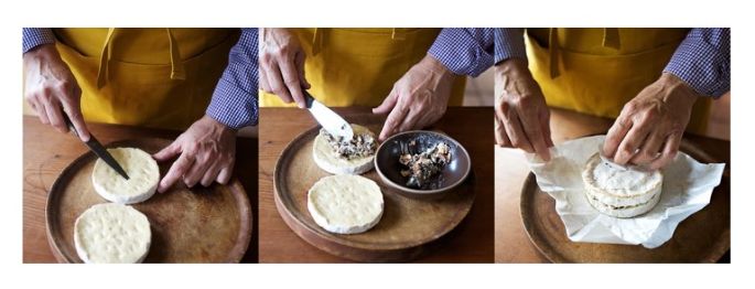 Step-by-step preparation of Mt Tam or Camembert layered with truffles or wild mushrooms, from slicing the cheese to assembling the gourmet filling.
